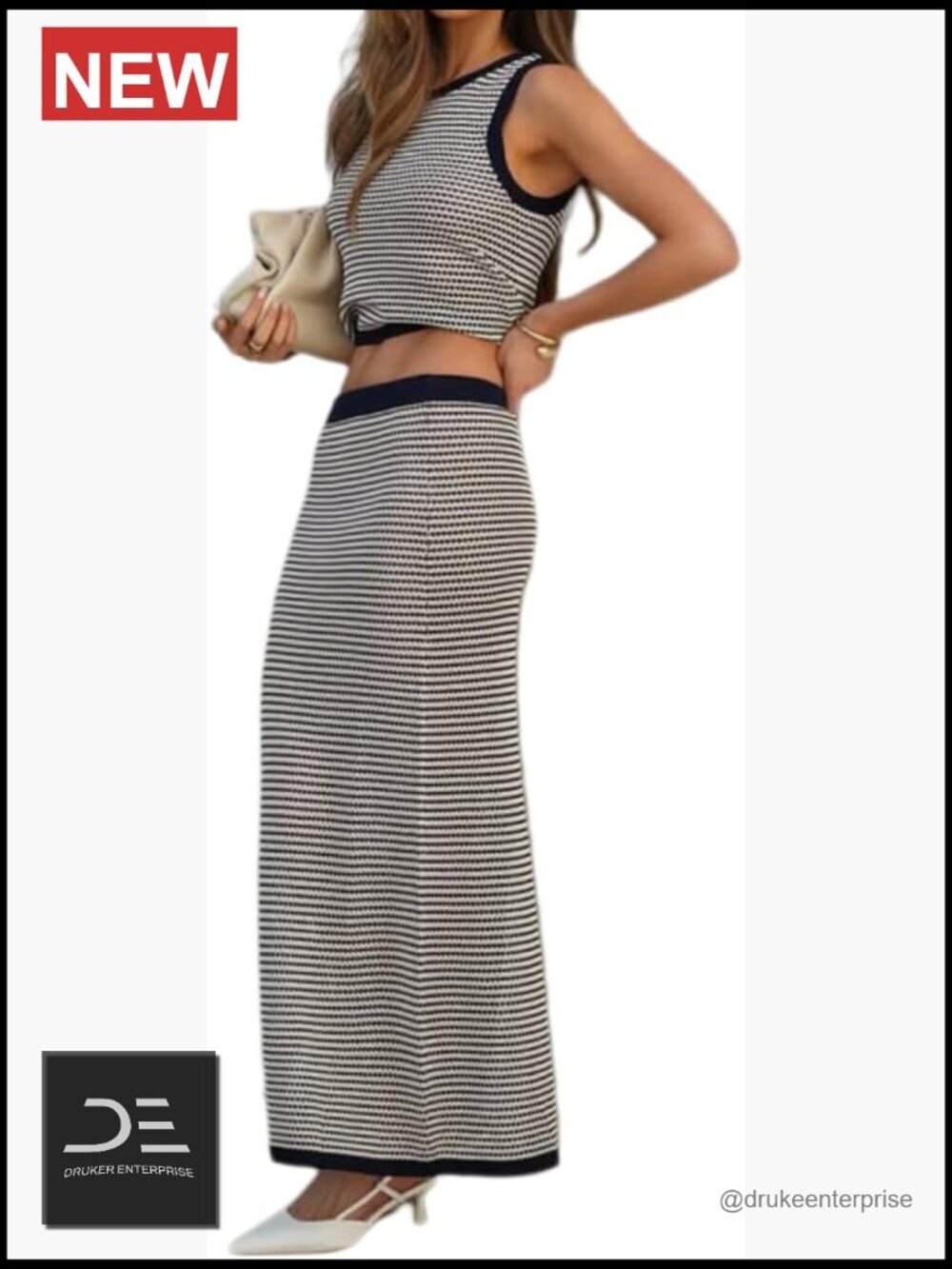 Two Piece Knit Set - Striped Tank Top & Maxi Skirt Set - Business Casual Outfit